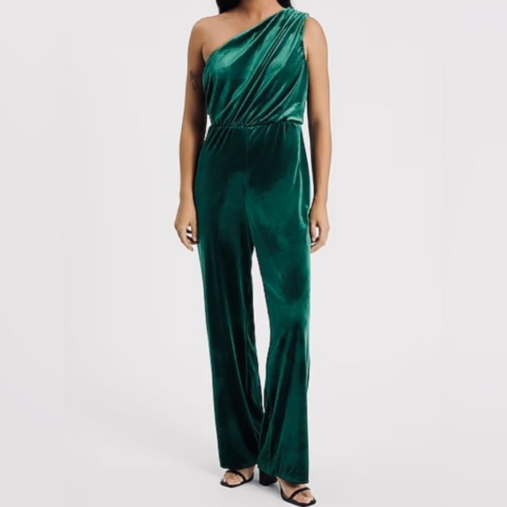 Express Emerald Green Velvet One Shoulder Jumpsuit